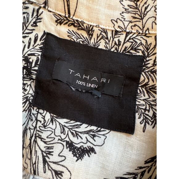Tahari 100% Linen Collared Dress Black Ivory Tropical Print Toile New M Sustain - Picture 2 of 9